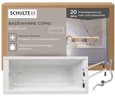 Schulte Badewanne Como 150x70 cm, inkl. Fußgestell und Ablauf, aus hochwertigem Acryl in Weiß glänzend
