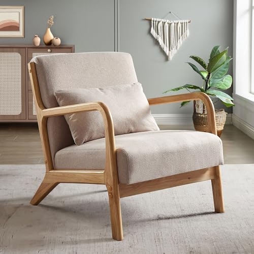 Sicaan Skandinavischer Sessel Marie Beige – Bequemer Leinenstuhl mit Kissen – Elegantes Retro-Design mit Holzarmlehnen für Wohnzimmer oder Schlafzimmer – 65 x 84 x 74 cm