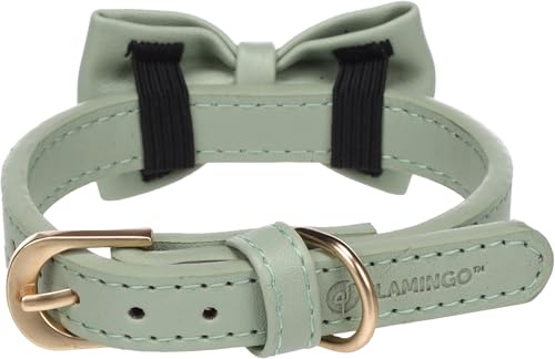 Flamingo Halsband mit Schleife NELA Mintgrün – XS, S | 24-30 cm x 15 mm x 4 mm, Qualitätsleder, Stilvoll und Praktisch – Ideal für Chihuahua, Pomeranian, Yorkshire Terrier, Shih Tzu, Malteser