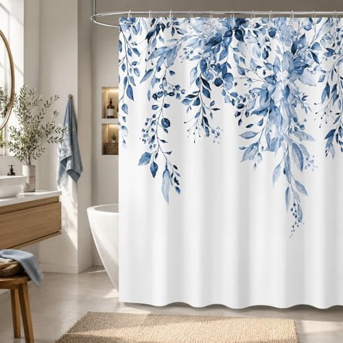 Hopomoon Tenda da doccia in stile nordico, 180 x 180 cm, con stampa floreale blu, impermeabile, in tessuto di poliestere ispessito, set di tende da doccia per bagno