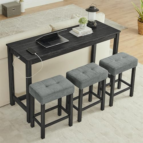 YWUFUART 59 Industrial 4 Piece Bar Table Set with Built-in Power Outlet, Behind Couch Sofa Table with 3 Linen Upholstered Stools, Bar Table and Chairs Set for Living Room, Dining Room, Lounge, Black