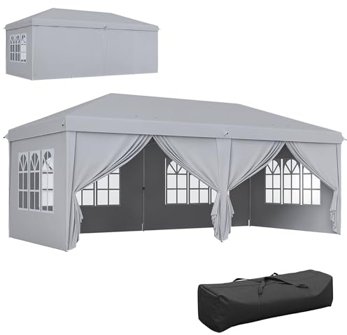 Outsunny Gartenpavillon, faltbar, 6 x 3 m, Pavillon, für den Außenbereich, zusammenklappbar, Pop-Up, wasserdicht, 4 abnehmbare Seitenwände, 4 Fenster + Transporttasche, hellgrau