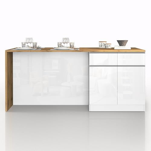 WHOUS Isola Cucina SOLE con 4 Ante e 4 Cassetti, Tavolo da Pranzo e Piano di Lavoro, Ideale per Open Space e Spazi Ridotti, 200x90x90 cm, Bianco Lucido e Rovere
