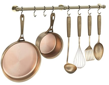 ROTHLEY 【Edelstahl Hängetopf Rack Aufhänger】 23,7 Zoll Topf- und Pfannenaufhänger Wandmontage Hängetopf Bar Rack Heavy Duty Pot Hanger Küchenschiene mit 8 S-Haken (Antik-Messing)