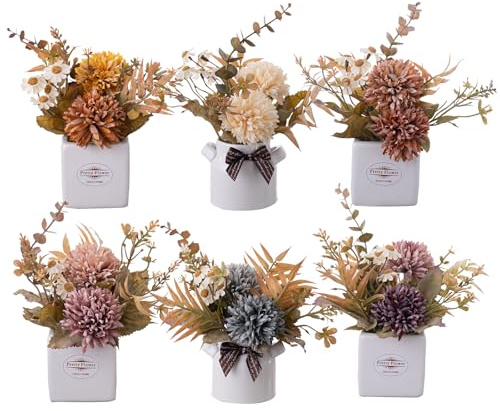 SUNNY BROOK 6Pcs Artificial Flowers with Ceramic Pot, Small Fake Chrysanthemum & Daisy Flower in Vase, Faux Autumn Flower for Home Autumn Decor, Table Centerpiece, Living Room Season Decoration