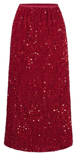 Kyzoeyou Jupe en velours à paillettes pour femme, taille haute, moulante, ourlet fendu, robe midi pour fête, club, soirée, R-rouge, S