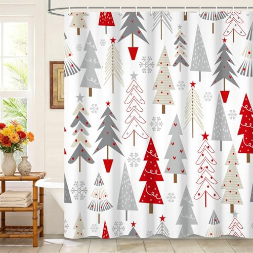 Kzzfqxb Tende da doccia 180x200cm con ganci, Natale Capodanno alberi diNatale grigio rossi stelle fiocchi di neve, Impermeabile tessuto in poliestere per vasca, Decorazione festiva per bagno