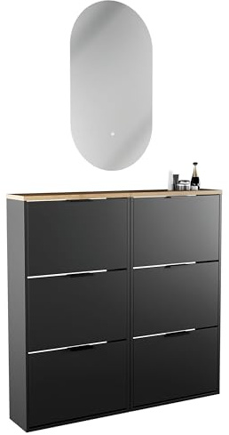 Planetmöbel 2 x Schuhschrank schmal, ovaler Spiegel | Beleuchtung, (2 Lichtstufen), Schuhkommode mit 3 Klappen Schuhregal mit 6 Ablagen, Garderobe Set, 60 x 23 x 118 cm, schwarz