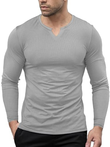 Agilelin Män, muskelskjortor, snygga långärmade slim fit, V-ringning, t-shirt, basic, termoundertröjor, Långärmad grå, XL