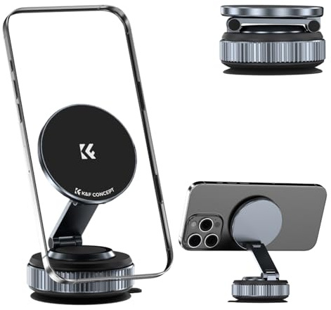 K&F CONCEPT Soporte Magnetico Movil Coche 360°, Soporte Teléfono Ventosa mag-Safe Plegable, Ajustable en 3 Ejes para tu Coche y Superficies Lisas, Compatible con iPhone 17/16/15/14/13 12/Android