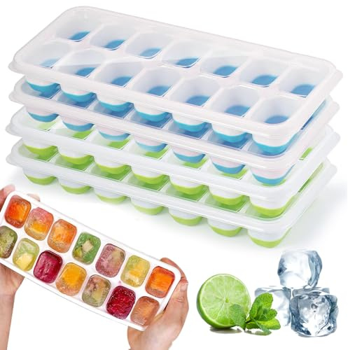 4 Pièces bacs à glaçons en silicone avec couvercle,Moule à Glaçons,Certifié LFGB - Sans BPA,bacs à glaçons carrés faciles à retirer(2 Vert+2 Bleu)