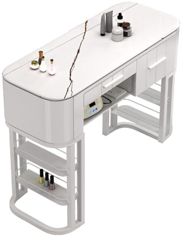 Professioneller Nagelschreibtisch für Schönheitssalon & Spa, moderner Maniküretisch mit 4 Ebenen, Marmor/Holzplatte, idealer Arbeitsplatz für Nageltechniker, multifunktionale Schönheitsmöbel