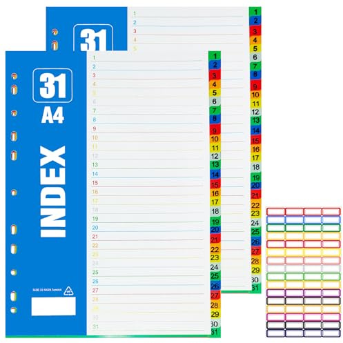 Yuaerbuo 2 Pack File Dividers A4 31 Part, 1 Sheet of Color Label Stickers Coloured Folder Dividers Numbered 1-31 Folder Divider Plastic Divider for Lever Arch Files Office School Home