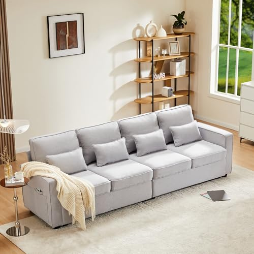 Ligterra Sofa mit Schlaffunktion, Sofa 4 Sitzer aus Leinenstoff, Schlafsofa, Schlafcouch, Viersitzer-Couch mit Armlehnentaschen und 4 Kissen, Geeignet für Wohnzimmer, Wohnung, Büro(Grau)