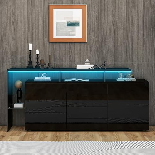 Kebnor Kommode, Sideboard mit LED, Wohnzimmermöbel in Hochglanz, Wohnzimmerschrank, Standschrank, TV-Schrank, Wohnzimmerwand, Highboard, Mehrzweckschrank, Buffetschrank Esszimmer (Schwarz)