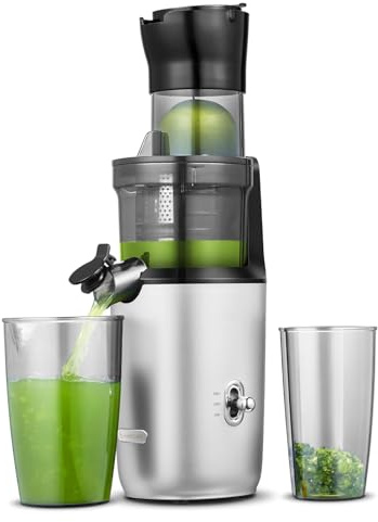 AMZCHEF Extracteur de Jus Entiers – Extracteur de Jus pour Légumes et Fruits, Vainqueur des Tests avec Vis Améliorée, Filtre Double Couche, Interrupteur Rétro à Bascule, Moteur Silencieux – Gris