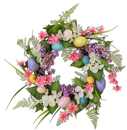 Easter Wreath, Easter Decorations 18inch Easter Front Door Wreath with Colorful Flowers and Decorative Eggs, Spring Front Door Decoration for Home Party and Holiday Celebrations