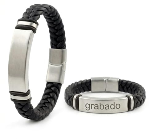 Pulsera Piel Trenzada Personalizable Hombre-Grabado Personalizado Nombre Fecha-Ajustable Cierre Seguro Acero Inoxidable-Diseño Elegante Regalo Original Pareja Amistad Cumpleaños Navidad (negro)