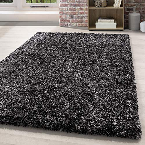 HomebyHome Hochflor Teppich 200x290 cm Anthrazit Großer Shaggy Teppich, Flauschig & Pflegeleicht, Meliertes Design, Jute-Rücken Für Wohnzimmer & Schlafzimmer