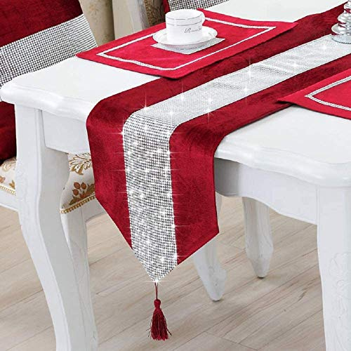LCHULLE Tischläufer/Tischdecke mit Schmucksteinen 210 * 33cm Glitzer Tischläufer Tischband Tischdecken für Party Hochzeit Bankett Tischdekoration Rot