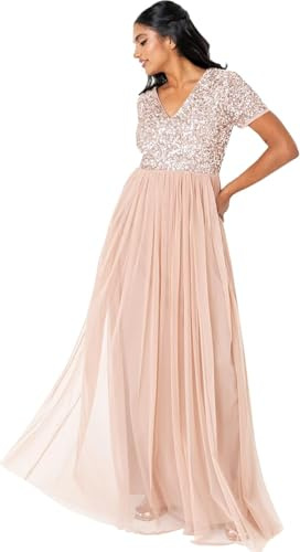 Maya Deluxe Abendkleid mit Pailletten Cocktailkleid Damen mit V-Ausschnitt Tüllkleid