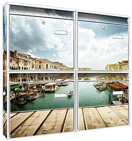 banjado Briefkastenanlage 4 Fach - Postkästen groß - verzinkter Stahl weiß DIN A4 Motiv Canale Grande - Briefkasten Set 4 Briefkästen Namensschild, 2 Schlüssel, Montagematerial