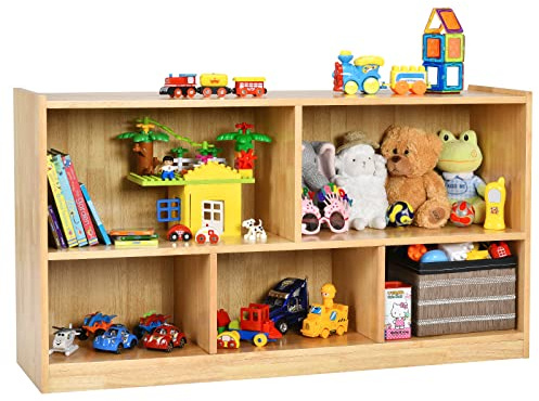 Costzon 2-Shelf Bookcase for Kids, Wooden Toy Storage Organizer for Books Toys, 5-Section Freestanding Classroom Daycare Montessori Bookshelf for Preschool, Home Playroom & Kindergarten (Burlywood)