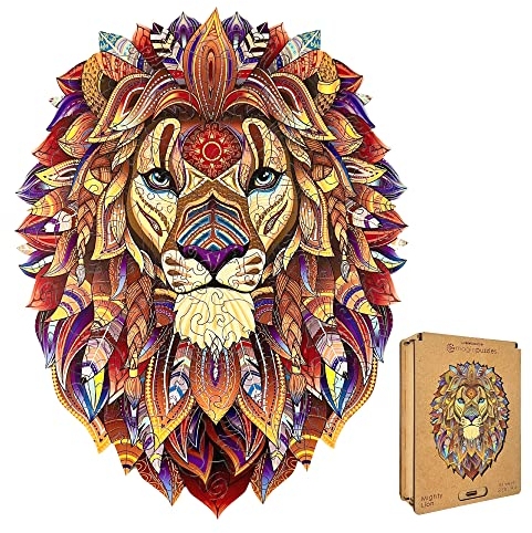 Lubiwood Verspielters Tierform-Holzpuzzle (21x15 cm) - Fördert Beobachtungsfähigkeiten und Zufriedenheit - kommt mit Holzgeschenkbox - Perfekt für Erwachsene (Mächtiger Löwe, Small (A5))