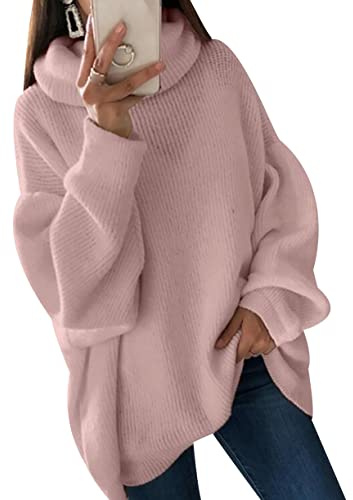 Peuignao Maglione Donna Invernale Maglioni Donna Invernali Pullover Sweater Maglione Trecce Dolcevita Oversize Largo Donna Manica Lunga Elegante Particolari Taglie Forti Larghi Eleganti Donna Rosa XL