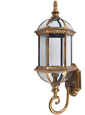KOLHGNSE Wandleuchte Retro Vintage, Antike Wandleuchte Außen Garten Beleuchtung Laterne Wandlampe Wasserdicht 220V Industriell Wandleuchte Metall Glas Außen Licht Wand Lampe (Gold)