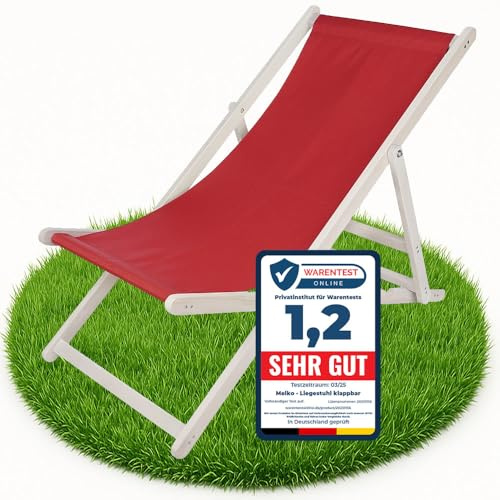Melko Liegestuhl Sonnenliege klappbar Holz Rückenlehne verstellbar Weiß Rot | Gestell aus Kiefernholz, Bezug 100% Polyester, Elemente abschraubbar, Sicherung gegen ungewolltes Zusammenklappen, ca. 3,5 kg