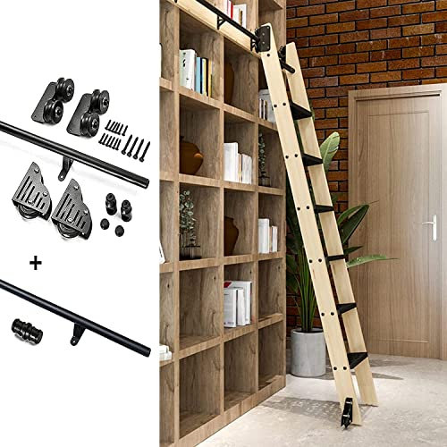 Schiebeleiterschiene Scheunentor-Schiebebeschläge Schiebeschienen-Set Holz-Schiebetür-Beschläge Schrank-Kit Bibliotheks-Rollleiter-Schienensystem, schwarzer Kohlenstoffstahl – kein