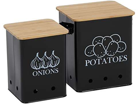 Xbopetda Kartoffel-Vorratsdose, 2er-Set für Kartoffeln, Zwiebeln, Aufbewahrungsbehälter mit Belüftungslöchern und Holzdeckel, für Küche, Speisekammer, Gemüse, Frischhaltedose (Schwarz)