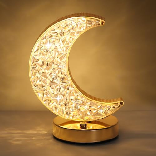 Lewondr Lampe de Table en Forme de Croissant, Lumière de Table Tactile à Intensité avec 3 Couleurs, Lampe de Chevet Rechargeable avec Port USB, Décoration Ramadan pour Maison Chambre Salon, Or