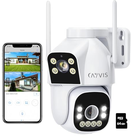 CAYVIS 2K(2MP+2MP) überwachungskamera Aussen WLAN, 2.4GHz/5GHz PTZ Dual-Lens Überwachungs Kamera Aussen mit KI-Personen, Farbnachtsicht, Auto-Tracking, 360° WLAN Kamera Outdoor,IP66,mit 64G Karte