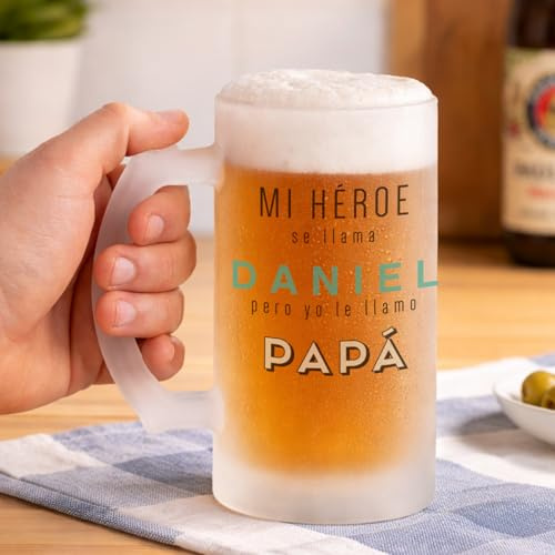 Wanapix | Jarra de Cerveza Personaliza con Nombre | Jarra de Cristal Esmerilado (Opaco) | 500 ml | Apta Lavavajillas | Papá héroe