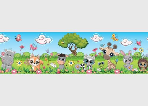 AG Design Selbstklebende Bordüre Tiere, AWBD 8012 | Wasserfest Kinderzimmer Wand Aufkleber Dekoration | Wandbordüre für Mädchen und Junge | Folie, Mehrfarbig | Breite 500 cm x Höhe 13.8 cm