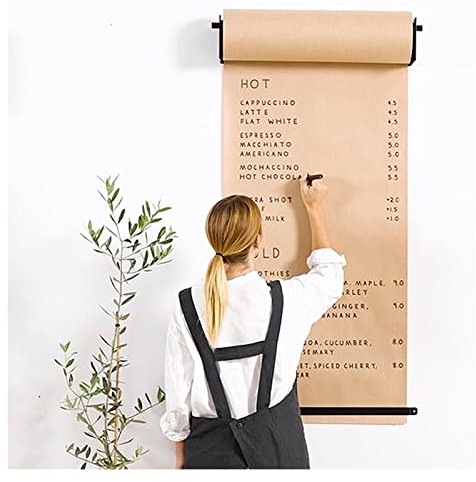 XNYXLPP Kraftpapierrollenhalter und -Spender für Cafés/Restaurants, für Wanddekoration/Menünotizen, schwarzer Stahlrahmen, mit 50 m Langer brauner Papierrolle (Steel Frame Wide)