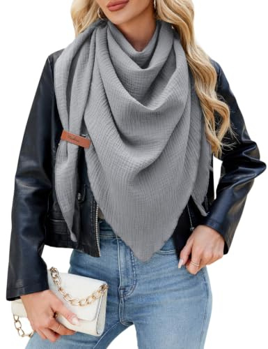 UMIPUBO Schal Damen Baumwolle Musselin Halstuch Dreiecksschal Dreieckstuch Herbst Unifarben Schal Halten Sie Warm Musselintuch Bequem Groß Elegant Leicht Scarf Damen Stola 190x80cm, Grau