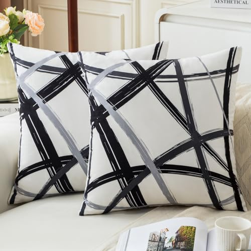 Jayusaror Fundas Cojines Sofa Juego 2 Fundas 45 x 45 Negro Gris Fundas Cojines Decoración del Hogar Terciopelo Almohadas Geométricas para Sofá, Cama, Dormitorio, Sala de Estar