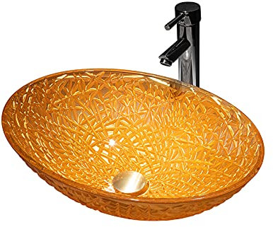 Badezimmer-Waschbecken, Waschtisch, Glas-Waschbecken, ovales, gelbes Waschbecken auf der Arbeitsplatte, Schüssel über dem Waschbecken auf der Theke, Kunstwaschbecken mit Wasserhahn und Pop-up-Ablauf
