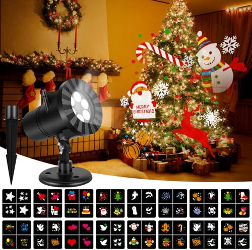 Proiettore Luci Natale da Esterno IP65, Proiettore LED con 16 Diapositive HD per Decorazioni Natalizie, Halloween, Pasqua e Feste, Alta Luminosità per Interno ed Esterno, Facile Installazione