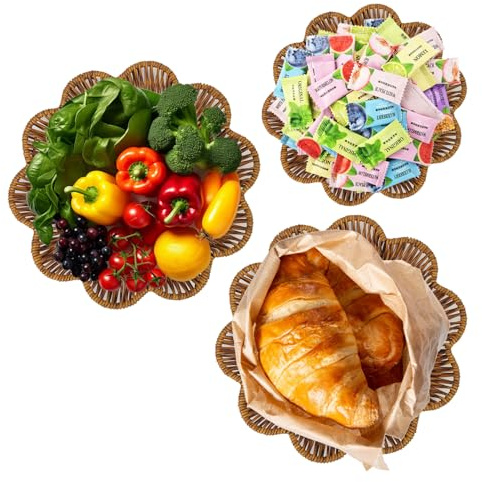 Cesto per frutta in plastica intrecciata a mano, in finto rattan, cestino per frutta, verdura, pane, per casa, sala da pranzo, cucina, picnic, tavolo, decorazione per la casa (fiori)