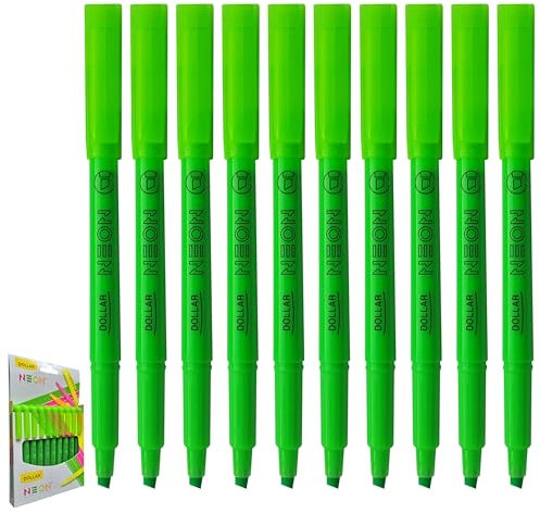 DOLLAR PStic Highlighters, GREEN, Chisel Tip (4.0mm), Pack of 10, Bright Colour, Dry-Quickly Non-Toxic Highlighting Markers for School Office Home Use