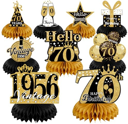 Tikplus 70 Geburtstag Mann Deko, 9 Stück, 70er Geburtstag Deko Schwarz Gold | 1956 Tischdeko 70 Geburtstag Mann, Bienenwabe Mittelstück, Tischdeko Papier Geburtstagsparty Zubehör