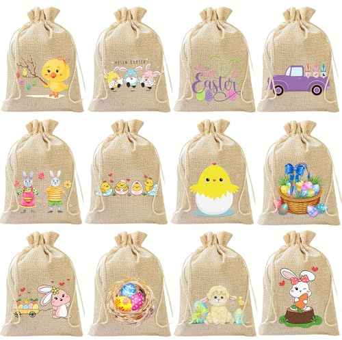 trabag 12 Stück Osternester Zum Befüllen, 10X14cm Ostertüten Zum Befüllen, Ostern Deko, Taschen Leinen Kordelzug Geschenktüten, Wiederverwendbare Osterndeko Stoffbeutel