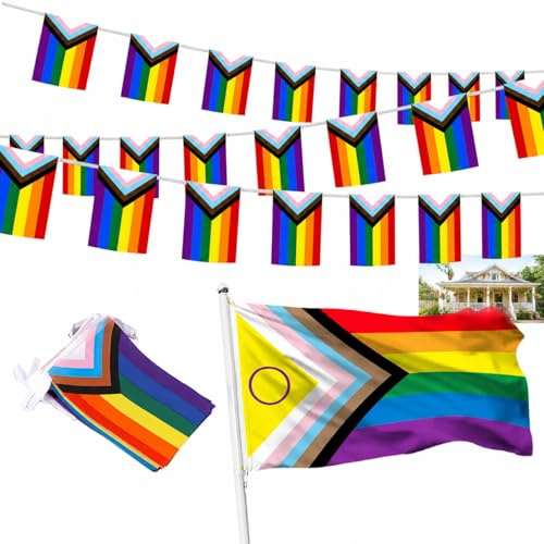 Bandera Del Orgullo Gay Bandera Orgullosa Bandera de Orgullo Arcoíris + Material de Poliéster + Tamaño 90x150cm + 38 Pequeñas Banderas Colores Brillantes