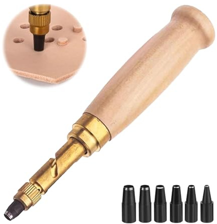 CLKE Adjustable Japanese Screw Hole Punch, Leather Screw Hole Punch Tool with Wood Handle, 6 Tips Sizes: 1.5mm, 2mm, 2.5mm, 3mm, 3.5mm, 4mm for Sewing, Belts, Auto Leather, Paper Bookbinding Tool
