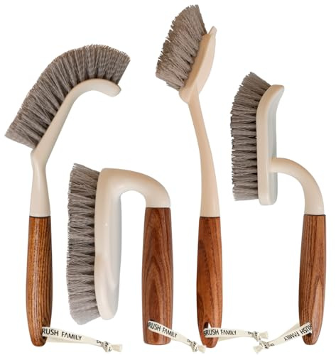 4-Pack Heavy Duty Scrub Brushes Set with Wooden Handles, Triangle & Square Floor Scrubber, Dish Brush, Grout Cleaner for Kitchen, Bathroom, Tile, Carpet & Stubborn Stains Removal