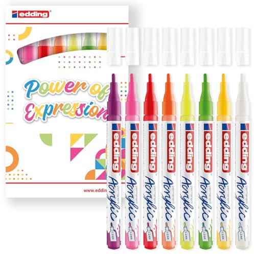edding 5300 Acryl-Marker, feine runde Spitze (1–2 mm), wasserfest, 8 lebendige Farben, ideal für Leinwand, Papier, Holz und Terrakotta